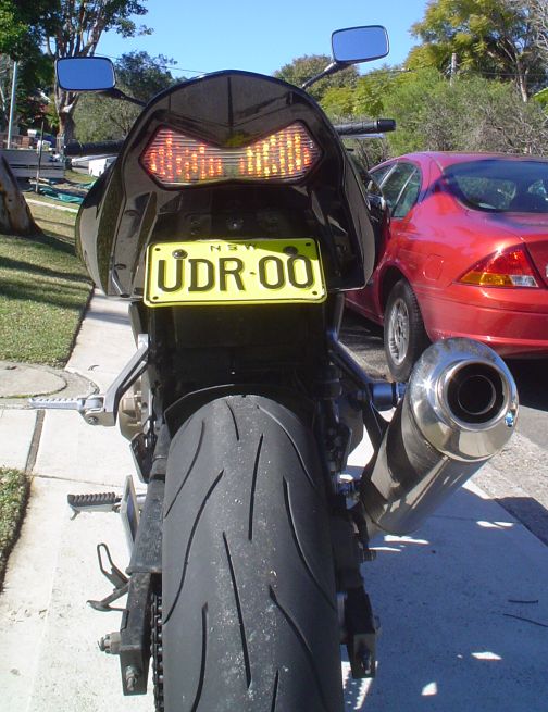Got this fender elimnator off ebay, it came with a LED number plate night. And  its a Clear Alternatives Tail-light with incorperated turn signals. Again the camera doesnt do it justice :)