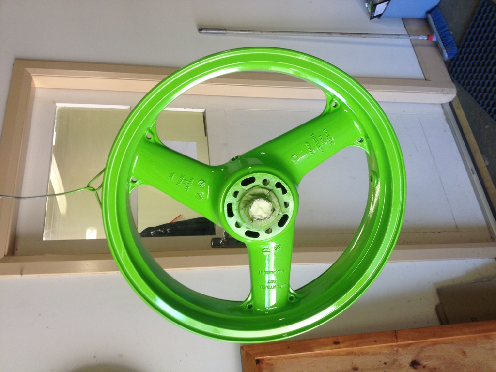 Gone are the black wheels &amp; bring in the green, it was the only Kawasaki green listed in 2 pak &amp; nice colour. They came up like new. Solid green no clear.